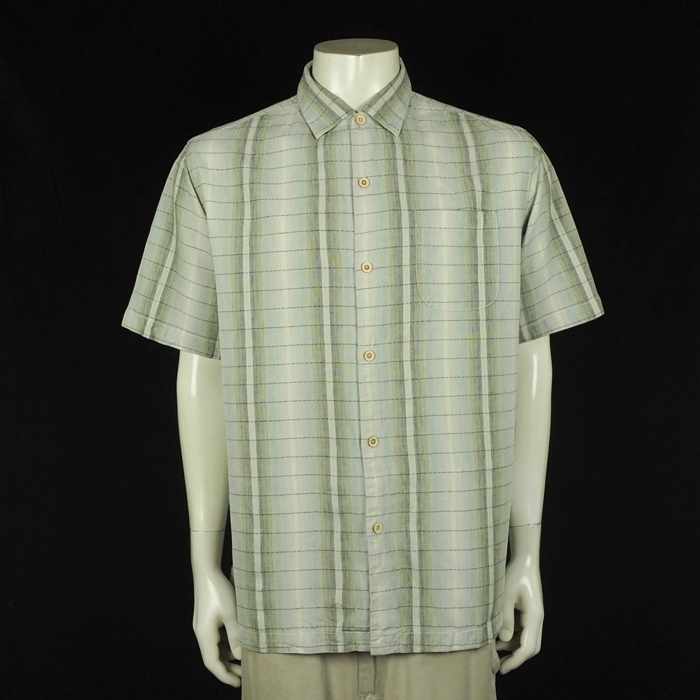 Tommy Bahama Button Down Shirt Mens Large Beige Plaid Ombre Garcia Silk Blend